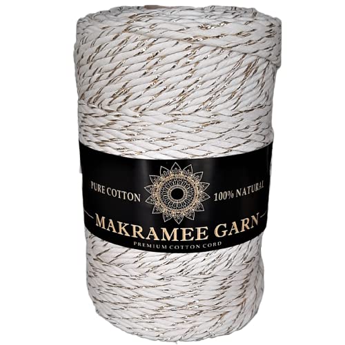 Makramee Garn. Baumwollgarn Kordel. 100% Natur Baumwoll-Kordel. Gold- oder Silberfaden. Perfekt für Basteln, DIY, Handwerk & Stricken. 100% Natur Baumwollgarn, Dicke Macrame (Natural Gold, 200m/3mm) von Generic