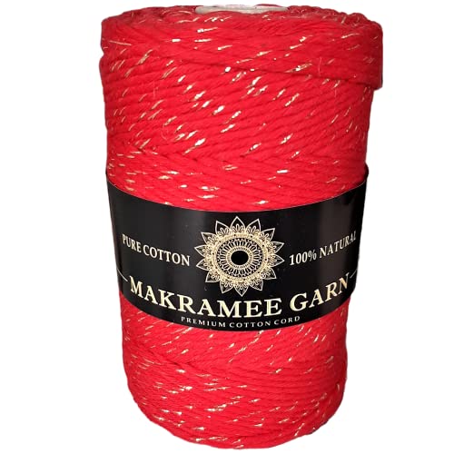 Makramee Garn. Baumwollgarn Kordel. 100% Natur Baumwoll-Kordel. Gold- oder Silberfaden. Perfekt für Basteln, DIY, Handwerk & Stricken. 100% Natur Baumwollgarn, Dicke Macrame (Rot Gold, 200m/3mm) von Generic