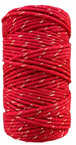 Makramee Garn. Baumwollgarn Kordel. 100% Natur Baumwoll-Kordel. Gold- oder Silberfaden. Perfekt für Basteln, DIY, Handwerk & Stricken. 100% Natur Baumwollgarn, Dicke Macrame (Rot Gold, 60m/2mm) von Generic