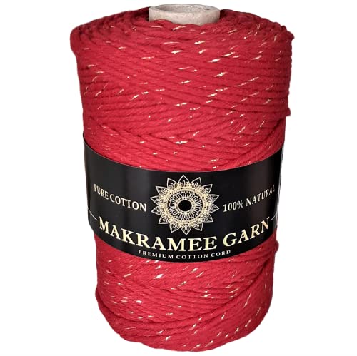 Makramee Garn. Baumwollgarn Kordel. 100% Natur Baumwoll-Kordel. Gold- oder Silberfaden. Perfekt für Basteln, DIY, Handwerk & Stricken. 100% Natur Baumwollgarn, Dicke Macrame (Rotwein Gold, 200m/3mm) von Generic