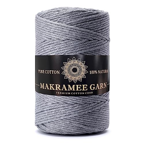 Makramee Garn. Baumwollgarn Kordel. 100% Natur Baumwoll-Kordel. Perfekt für Basteln, DIY, Handwerk & Stricken. 100% Natur Baumwollgarn, Dicke Macrame Cord (Grau, 3mm/200m) von Generic