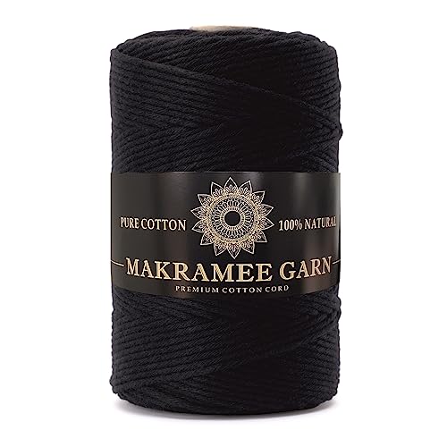 Makramee Garn. Baumwollgarn Kordel. 100% Natur Baumwoll-Kordel. Perfekt für Basteln, DIY, Handwerk & Stricken. 100% Natur Baumwollgarn, Dicke Macrame Cord (Schwarz, 3mm/200m) von Generic