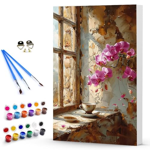 Malen Nach Zahlen Blume Fenster Malen Nach Zahlen Kinde, Anfänger, Kreatives für Erwachsene Leinwand öLgemäld Kit, Mit 3 - Pinseln und Acrylfarbe, Frauen Home Deko Geschenk (70x95cm) -TL25031K von Generic