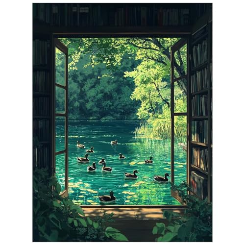 Malen Nach Zahlen Erwachsene, Malen Nach Zahlen Bücherregal Leinwand Bilder Basteln Erwachsene Seeblick mit Farbe Leinwand zum Bemalen 135 x 100cm, Paint by Numbers als WandDeko wohnzimmer 8YH-3892 von Generic