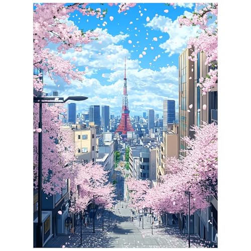 Malen Nach Zahlen Erwachsene, Malen Nach Zahlen Kirschblüten Leinwand Bilder Basteln Erwachsene Stadt mit Farbe Leinwand zum Bemalen 60x80 CM, Paint by Numbers als Deko Wohnzimmer Geschenke 8YH-1874 von Generic