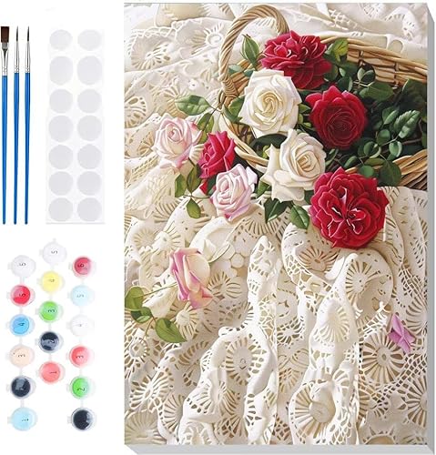Malen Nach Zahlen Erwachsene, Malen nach Zahlen Kinder Blumenkörbe DIY Handgemal Acryl Ölmalerei auf Leinwand mit Pinseln, Wanddekoration Zuhause, Kreatives Hobby, Ohne Rahmen 24 x 32 in B-47 von Generic