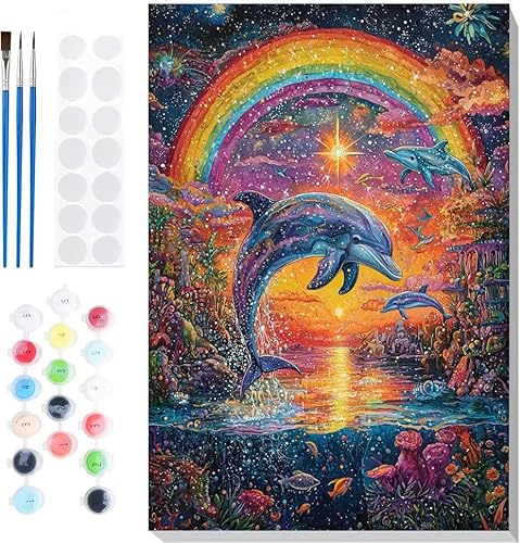 Malen Nach Zahlen Erwachsene, Malen nach Zahlen Kinder Delfin Regenbogen DIY Handgemal Acryl Ölmalerei auf Leinwand mit Pinseln, Wanddekoration Zuhause, Kreatives Hobby, Ohne Rahmen 36 x 48 in B-31 von Generic