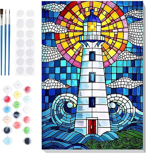 Malen Nach Zahlen Erwachsene, Malen nach Zahlen Kinder Landschaft Leuchtturm DIY Handgemal Acryl Ölmalerei auf Leinwand mit Pinseln, Wanddekoration Zuhause, Kreatives Hobby, Ohne Rahmen 24x32 in B-15 von Generic