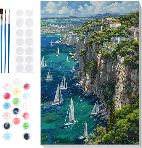 Malen Nach Zahlen Erwachsene, Malen nach Zahlen Kinder Meerblick Boot DIY Handgemal Acryl Ölmalerei auf Leinwand mit Pinseln, Wanddekoration Zuhause, Kreatives Hobby, Ohne Rahmen 16 x 20 in B-27 von Generic