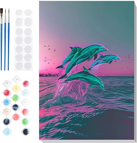 Malen Nach Zahlen Erwachsene, Malen nach Zahlen Kinder Meeresdelfine DIY Handgemal Acryl Ölmalerei auf Leinwand mit Pinseln, Wanddekoration Zuhause, Kreatives Hobby, Ohne Rahmen 24 x 32 in B-26 von Generic