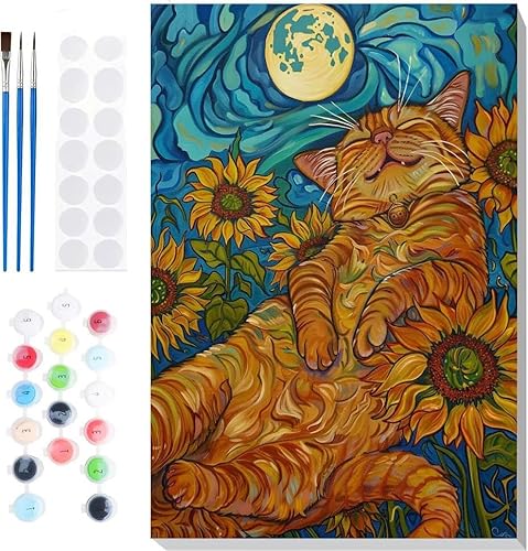 Malen Nach Zahlen Erwachsene, Malen nach Zahlen Kinder Sonnenblumen Katze DIY Handgemal Acryl Ölmalerei auf Leinwand mit Pinseln, Wanddekoration Zuhause, Kreatives Hobby, Ohne Rahmen 14 x 20 in B-105 von Generic