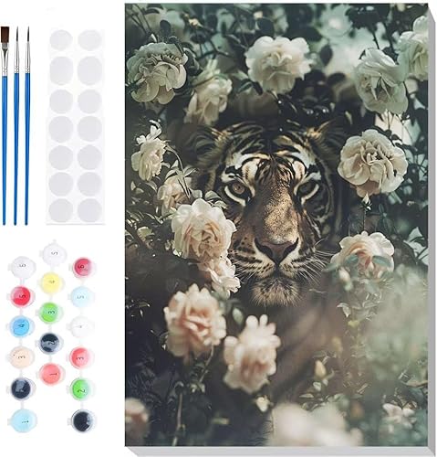 Malen Nach Zahlen Erwachsene, Malen nach Zahlen Kinder Tiger Blumen DIY Handgemal Acryl Ölmalerei auf Leinwand mit Pinseln, Wanddekoration Zuhause, Kreatives Hobby, Ohne Rahmen 16 x 20 in B-67 von Generic