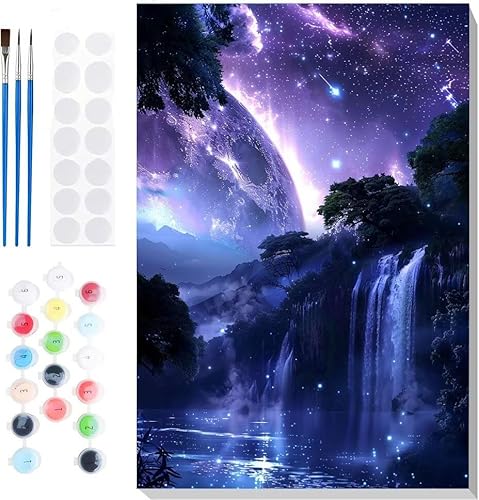 Malen Nach Zahlen Erwachsene, Malen nach Zahlen Kinder Wasserfall Mond DIY Handgemal Acryl Ölmalerei auf Leinwand mit Pinseln, Wanddekoration Zuhause, Kreatives Hobby, Ohne Rahmen 36 x 48 in B-86 von Generic