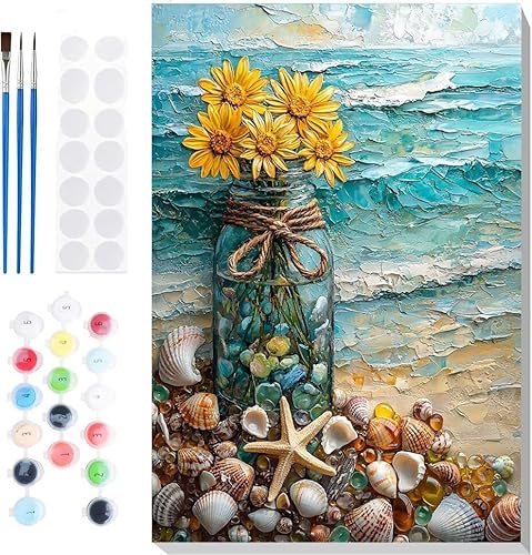 Malen Nach Zahlen Erwachsene, Malen nach Zahlen Kinder Wellen Sonnenblumen DIY Handgemal Acryl Ölmalerei auf Leinwand mit Pinseln, Wanddekoration Zuhause, Kreatives Hobby, Ohne Rahmen 28 x 36 in B-28 von Generic