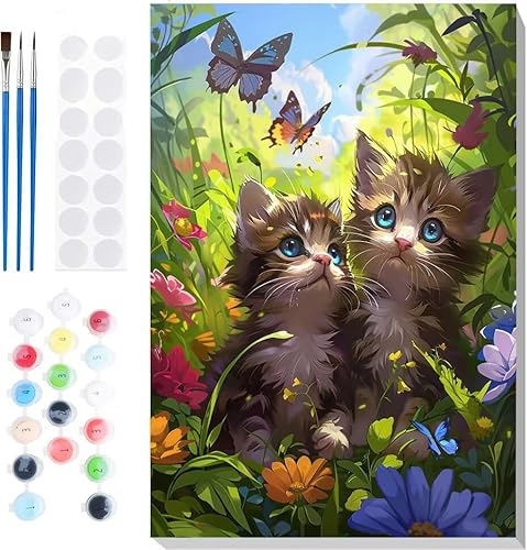 Malen Nach Zahlen Erwachsene, Malen nach Zahlen Kinder niedliche Katze DIY Handgemal Acryl Ölmalerei auf Leinwand mit Pinseln, Wanddekoration Zuhause, Kreatives Hobby, Ohne Rahmen 16 x 20 in B-64 von Generic