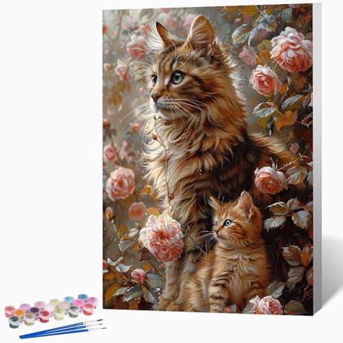 Malen Nach Zahlen Erwachsene Blumen Malen Nach Zahlen Katze, Bastelset Erwachsene Mit 3-Pinseln Und Acrylfarbe, DIY Handgemalt öLgemäLde Kit FüR Geschenke, Zimmer Deko 40×50cm Ohne Rahmen -LKF0740EX von Generic