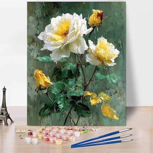 Malen Nach Zahlen Erwachsene Blumen Malen Nach Zahlen WeißE Rose, DIY Set Erwachsene Mit 3 - Pinseln und Acrylfarbe, Handgemalt Ölgemälde für Frauen, Deko Wohnzimmer 30 x 40 cm Ohne Rahmen -XY485 von Generic