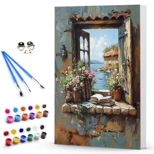 Malen Nach Zahlen Erwachsene Fenster Malen Nach Zahlen Bastelset Erwachsene, DIY Blume Mit Pinseln und Acrylfarben Handgemalt Ölgemälde Leinwand Set, Home Deko Geschenk (60x80cm) Ohne Rahmen -TL2503TT von Generic