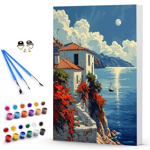 Malen Nach Zahlen Erwachsene HäUser Malen Nach Zahlen Bastelset Erwachsene, DIY Meer Mit Pinseln und Acrylfarben Handgemalt Ölgemälde Leinwand Set, Home Deko Geschenk 70x95 cm Ohne Rahmen -TL2503XX von Generic
