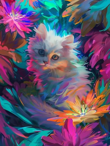 Malen Nach Zahlen Erwachsene Katze, Malen Nach Zahlen Blume, DIY Basteln Erwachsene Leinwand Kit Mit Pinseln und Acrylfarbe, DIY Paint by Numbers Kits, für Wanddeko, Geschenk, 90x120cm Z-5506 von Generic