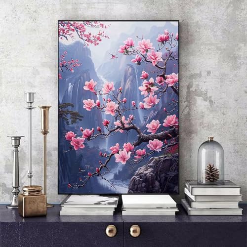 Malen Nach Zahlen Erwachsene Kirschblüten Malen Nach Zahlen Berg, DIY Set Erwachsene Paint by Numbers mit 3 Pinsel und Acrylfarben für Zimmer Deko Wohnzimmer, Geschenke 40 X 50 CM -bby250653N59 von Generic