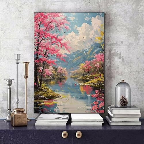 Malen Nach Zahlen Erwachsene Kirschblüten Malen Nach Zahlen Landschaft, DIY Set Erwachsene Paint by Numbers mit 3 Pinsel und Acrylfarben für Zimmer Deko Wohnzimmer, Geschenke 100 X 135 CM -bby2506UX von Generic