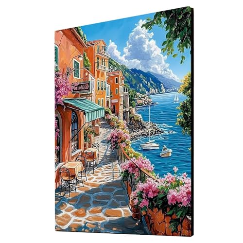 Malen Nach Zahlen Erwachsene Kleine Stadt DIY Set Erwachsene mit Leinwand zum Bemalen Meerblick 40 x 30 cm 36 Farben Acrylfarben Set und Pinsel, Malen Nach Zahlen Kinder für Deko Wohnzimmer 2YH-3082 von Generic