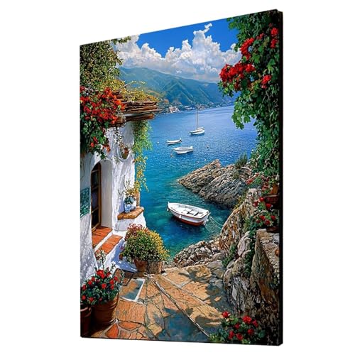 Malen Nach Zahlen Erwachsene Meerblick DIY Set Erwachsene mit Leinwand zum Bemalen Kleine Stadt 95x70CM 36 Farben Acrylfarben Set und Pinsel, Malen Nach Zahlen Kinder für Deko Wohnzimmer 2YH-2987 von Generic