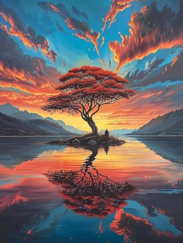 Malen Nach Zahlen Erwachsene Sonnenuntergang Malen Nach Zahlen Baum, Painting by Numbers, DIY Basteln Erwachsene Handgemalt Ölgemälde Set Mit Pinseln und Acrylfarbe für Zimmer Deko 30x40cm E-8481 von Generic