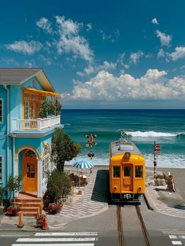 Malen Nach Zahlen Erwachsene Strand, Malen Nach Zahlen Zug, DIY Basteln Erwachsene Leinwand Kits, DIY Paint by Numbers Adult Kits Mit Pinseln und Acrylfarbe, Geschenk für Wanddeko, 100x135cm 7-1992 von Generic