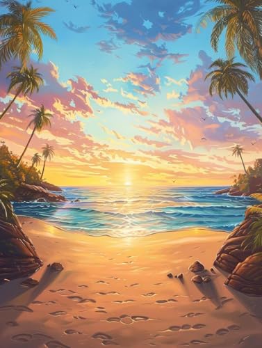 Malen Nach Zahlen Erwachsene Strand Malen Nach Zahlen Sonnenuntergang, Painting by Numbers, DIY Basteln Erwachsene Handgemalt Ölgemälde Set Mit Pinseln und Acrylfarbe für Zimmer Deko 30x40cm 5-1462 von Generic