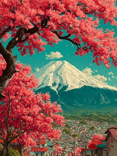 Malen Nach Zahlen Erwachsene Vulkan Fuji, Malen Nach Zahlen für Zimmer Deko, DIY Basteln Erwachsene Leinwand Kit, Baum Paint by Numbers Kits Mit Pinseln und Acrylfarbe, Geschenke, 60x90cm L-9426 von Generic