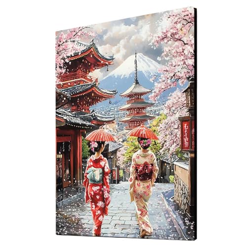 Malen Nach Zahlen Erwachsene Vulkan Fuji DIY Set Erwachsene mit Leinwand zum Bemalen Geisha 70x95cm 36 Farben Acrylfarben Set und Pinsel, Malen Nach Zahlen Kinder für Deko Wohnzimmer Geschenke 2YH2107 von Generic
