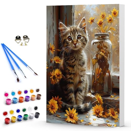 Malen Nach Zahlen Katze Blume Malen Nach Zahlen Kinde, Anfänger, Kreatives für Erwachsene Leinwand öLgemäld Kit, Mit 3 - Pinseln und Acrylfarbe, Frauen Home Deko Geschenk 70 x 95 CM -TL2503734 von Generic