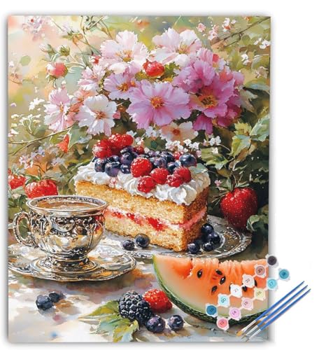 Malen nach Zahlen Erwachsene Kuchen, Malen nach Zahlen Obst, DIY Bastelset Erwachsene Anfänger Handgemalt Ölgemälde mit Pinsel und Acrylfarben für Wand Deko, Geschenk 60x80cm Ohne Rahmen dY-1637 von Generic