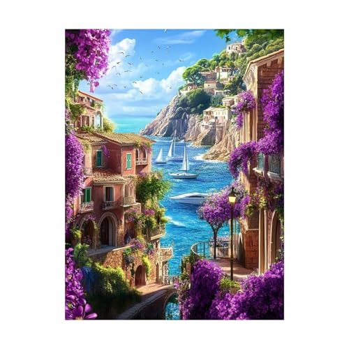 Meerblick Malen Nach Zahlen Erwachsene Stadt Malen Nach Zahlen 100x135CM DIY Basteln Erwachsene Klarheit Farbe Leinwan Bilder mit Acrylfarben Set 3 Typen Pinsel für Deko Wohnzimmer, Geschenke 2YH-9863 von Generic