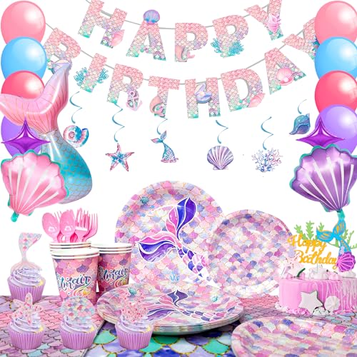 Meerjungfrau-Partyzubehör, 132-teiliges Meerjungfrauen-Geburtstagsparty-Zubehör-Set – Teller, Becher, Servietten, Tischdecke und Banner, Luftballons, hängende Wirbel usw Meerjungfrau-Partyzubehör, 132-teiliges Meerjungfrauen-Geburtstagsparty-Zubehör-Set – Teller, Becher, Servietten, Tischdecke und Banner, Luftballons, hängende Wirbel usw von Generic