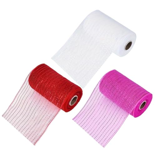 Meshband für Kränze, Valentinstagsband für Bastelarbeiten - 3 Rollen Stoffpackbänder, Geschenkbänder, Dekobänder für die Feiertage, 6 Zoll x 30 Fuß für Valentinstagsbedarf Meshband für Kränze, Valentinstagsband für Bastelarbeiten - 3 Rollen Stoffpackbänder, Geschenkbänder, Dekobänder für die Feiertage, 6 Zoll x 30 Fuß für Valentinstagsbedarf von Generic