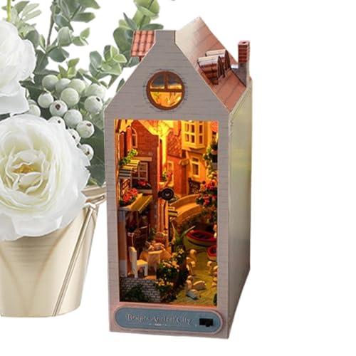 Miniatur Buchecke - Regaleinsatz, Diorama für Cottage Buchstützen | Buchstützen Kit aus Holz mit LED-Lichtern, kleine Kabinendekoration, Miniatur Bucheckeneinsatz von Generic