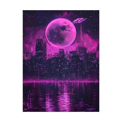 Mond Malen Nach Zahlen Erwachsene Stadt Malen Nach Zahlen 40 x 30cm DIY Basteln Erwachsene Klarheit Farbe Leinwan Bilder mit Acrylfarben Set 3 Typen Pinsel für Wanddeko Wohnzimmer, Geschenke 2YH-14943 von Generic
