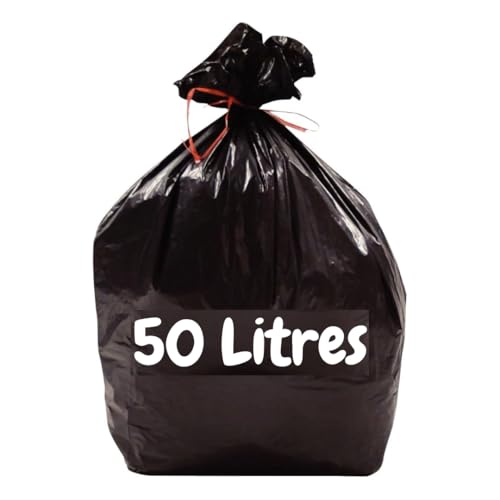 Müllbeutel, 50 l, 100 schwarze PE-Müllbeutel (2 Rollen mit je 50 Beutel) | robust und wasserdicht (14 µ) | Mülleimer für Küche – Büro | Verschluss mit Bindeband | 100 % recycelbar | hoher Müllbeutel von Generic