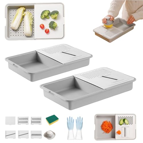 Multifunktionales Schneidebrett mit Reibe und Abtropffläche, 2025 Neues 6-in-1-Schneidebrett mit Behältern, Deckeln und Reiben, abnehmbares Schneidebrett mit integrierter Reibeabtropffläche (2PCS) von Generic