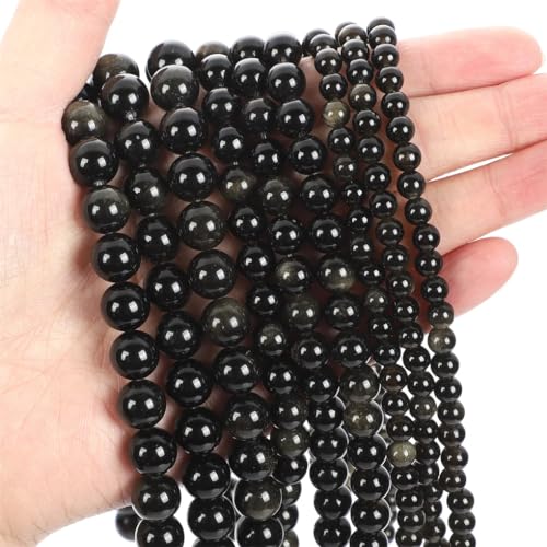 Natursteinperlen, Tigerauge, Amethyste, Aquamarine, runde Perlen für Schmuckherstellung, DIY, Armband, Halskette, Gold-Obsidian, 6 mm, 60–62 Stück von Generic