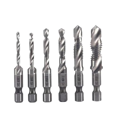 Neattidyly 3-in-1-Spiralgewindebohrer-Set mit Sechskantschaft, M3/M4/M5/M6/M8/M10 Bohrer aus Schnellarbeitsstahl, professionelle Gewindebohrer, für Schnellwechsel-Schlagschrauber (Silver,Long) von Generic