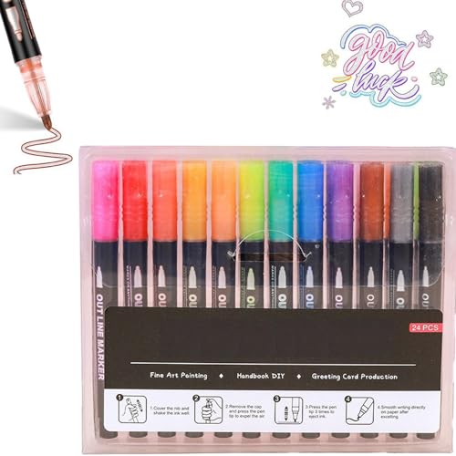 Neattidyly Marker Pen for Highlight - Double Line Quick Dry Graffiti Dotting Pens, Sparkly Metallic Glitter for Precision Outlines and Creative Drawing (24Pcs) von Generic
