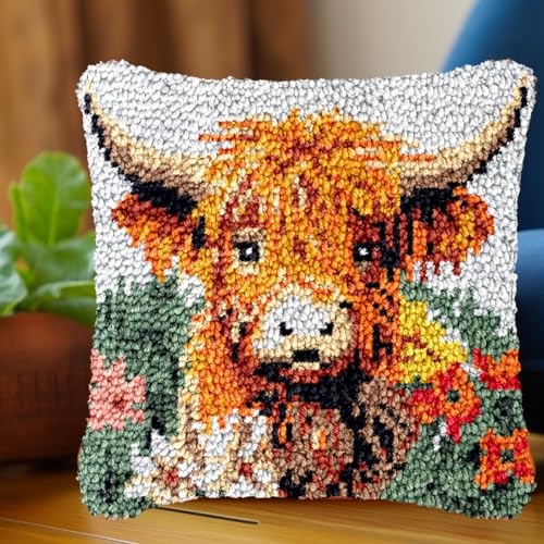 Niedliche Highland Kuh Rinder Knüpfhaken Kits Kissen Häkelgarn Kissen Vorgedruckt Teppich Handarbeit DIY Kissenbezug Haken und Riegel Kit Weihnachten Home Sofa Dekoration 43x43cm(3) von Generic