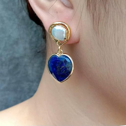 Ohrstecker aus natürlicher, herzförmiger weißer Zuchtperle mit blauem Lapislazuli, 16 mm Ohrstecker aus natürlicher, herzförmiger weißer Zuchtperle mit blauem Lapislazuli, 16 mm von Generic