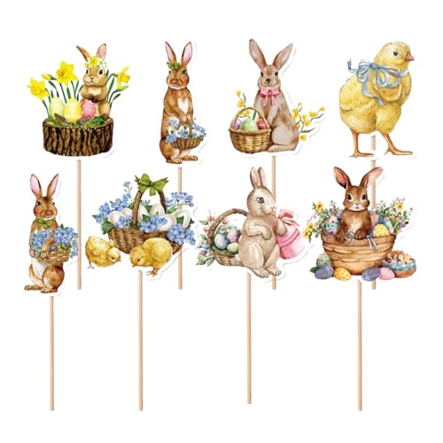 Ostern Cupcake Topper | Cupcake-Dekorations-Picks | Cupcake-Hasen-Topper, 8 Stück Cupcake-Topper, perfekte Cupcake-Dekorationen mit Stäbchen für Süßigkeitenbox, Cupcakes, Fotokabinen-Hintergrund und F von Generic