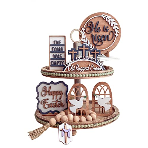 Ostern Jesus Tiered Tablett Deko Er ist auferstanden leeres Grab Kreuz Holzschild Tisch Mittelstücke Bauernhaus rustikale Dekor Kleines Geschenk zu Ostern Kinder Osterdekoration Modern von Generic