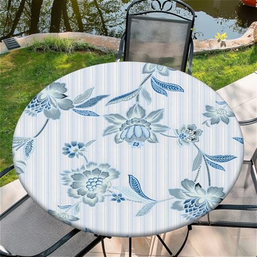 Outdoor Runde Tischdecke mit Gummizug Ø 36"(90cm) - Elastisch Garten tischdecke mit Blau gestreifte Blumen Muster von Generic